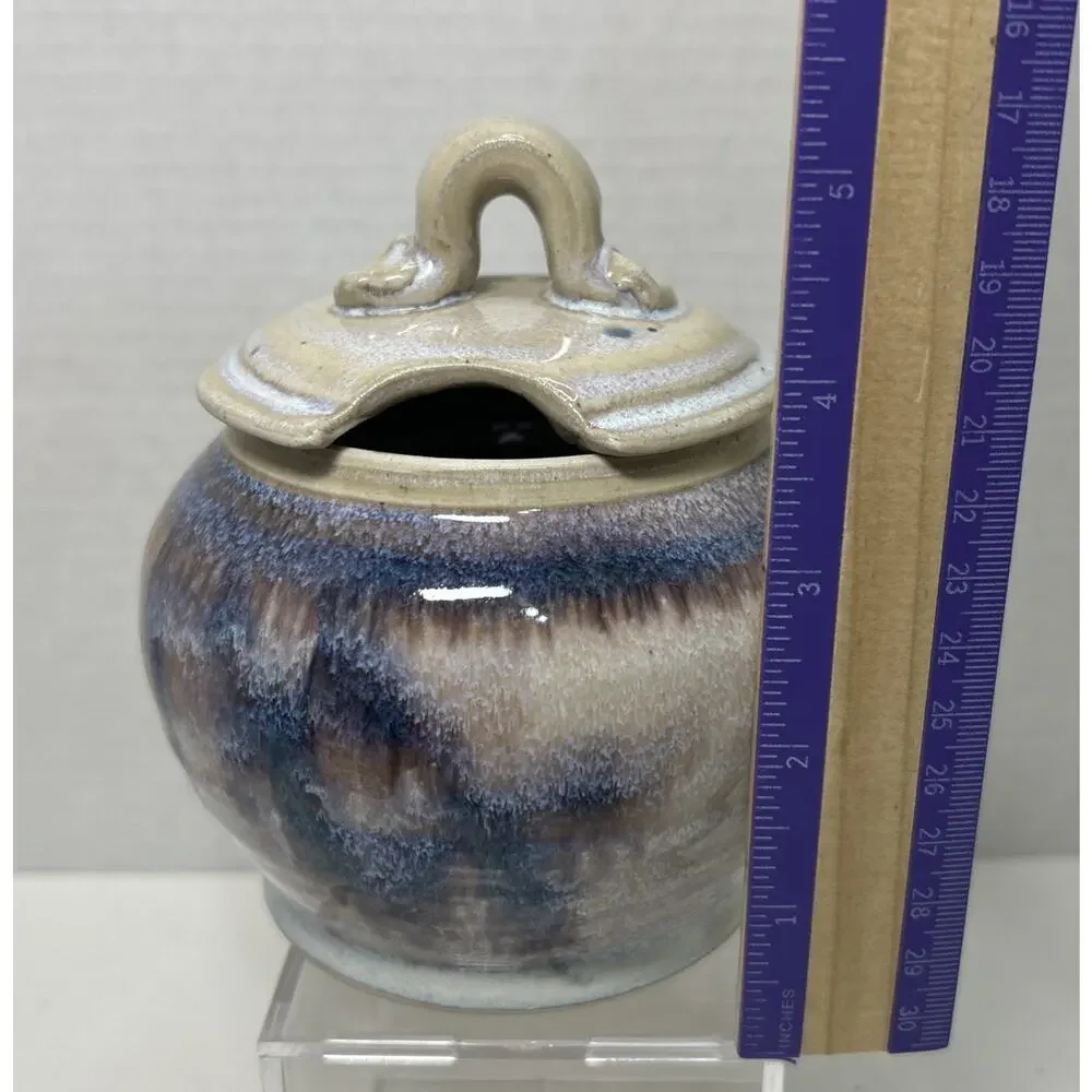 Pearsall Stoneware Art Studio Pottery Lidded Honey Pot / Jam Jar Blue Drip Glaze